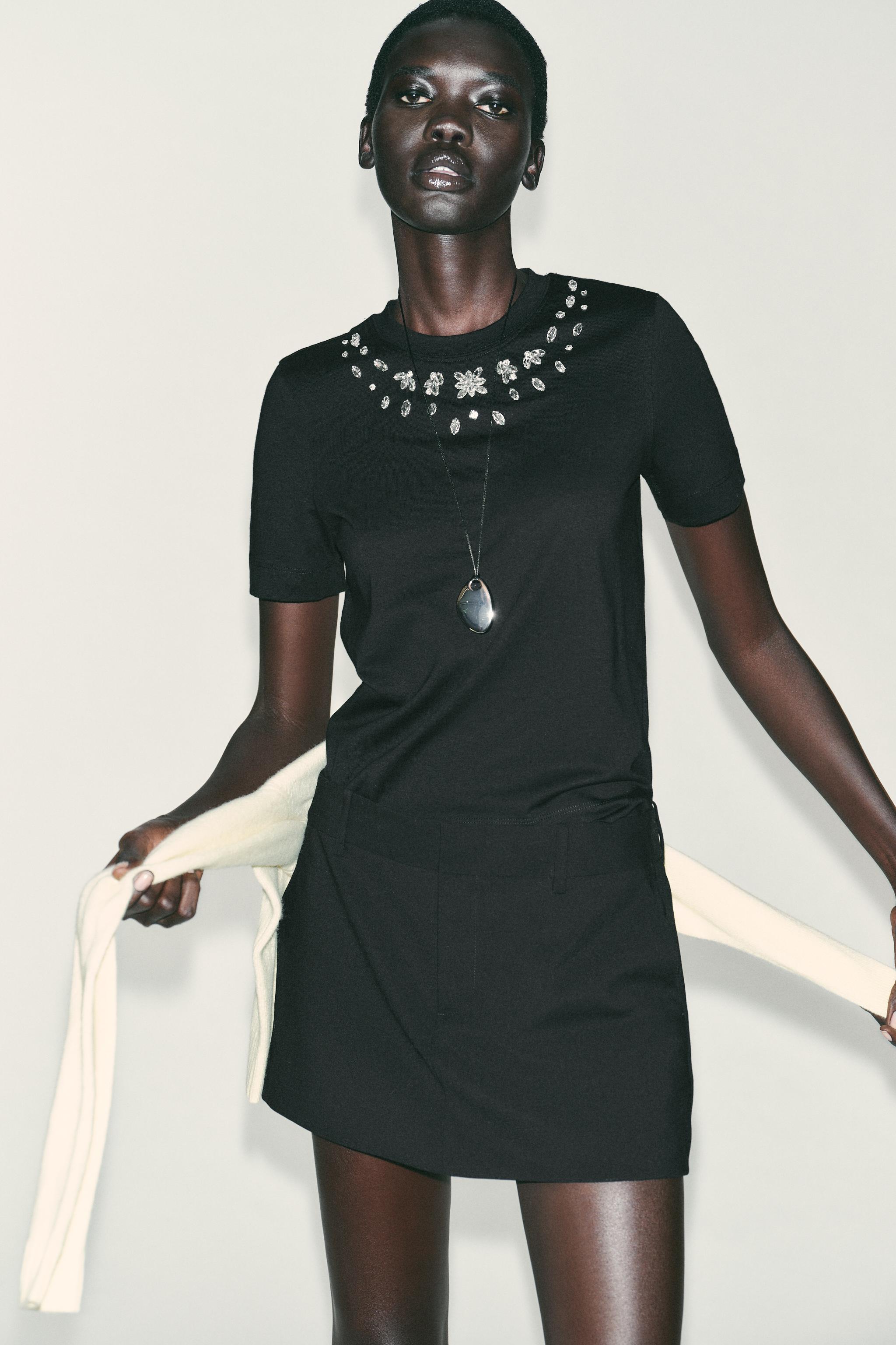 【ザラ】ボートネック ドレス ワンピース 半袖 無地 コットン混 S 黒ブラック ザラウーマン】ボートネック ドレス ワンピース 半袖 コットン S 黒