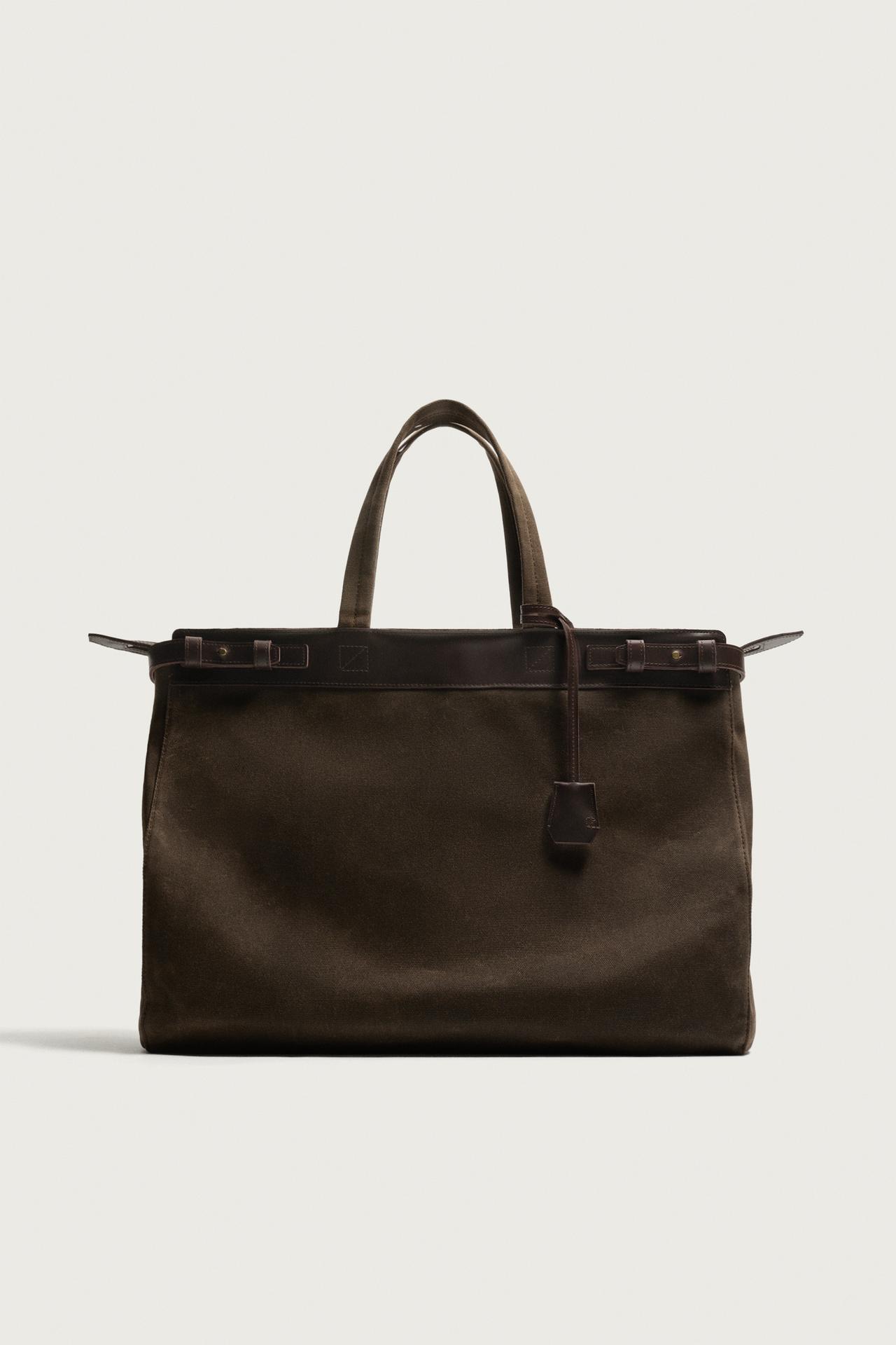 LEATHER DETAIL SHOPPER BAG — Brown