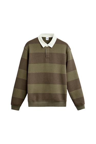 Wide striped jumper in brown and green tones with a white collar. Visible label inside the collar.