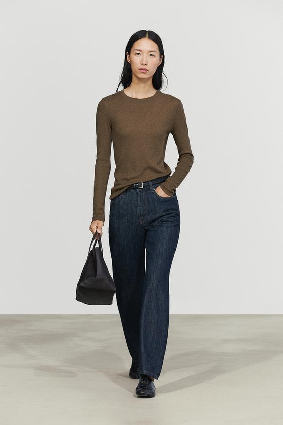 Zara Cotton blend knit T-shirt - Mid-camel - Image 0