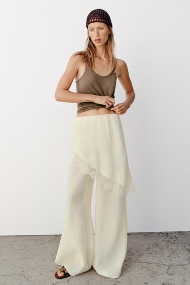 Zara WIDE LEG PAREO PANTS WITH LACE - Ecru