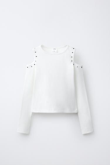 Zara STUDDED CUT-OUT T-SHIRT - Ecru