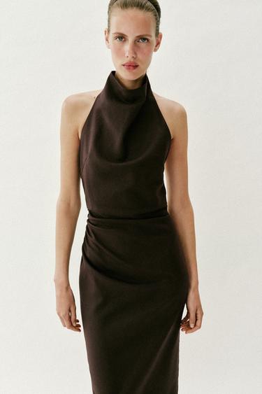 MIDI HALTER LINEN BLEND DRESS - Dark brown by Zara