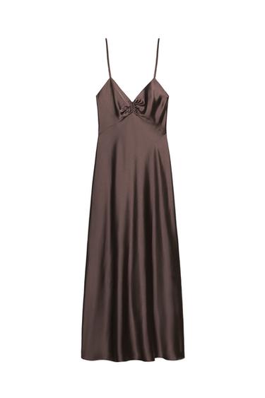 GATHERED SATIN MIDI DRESS