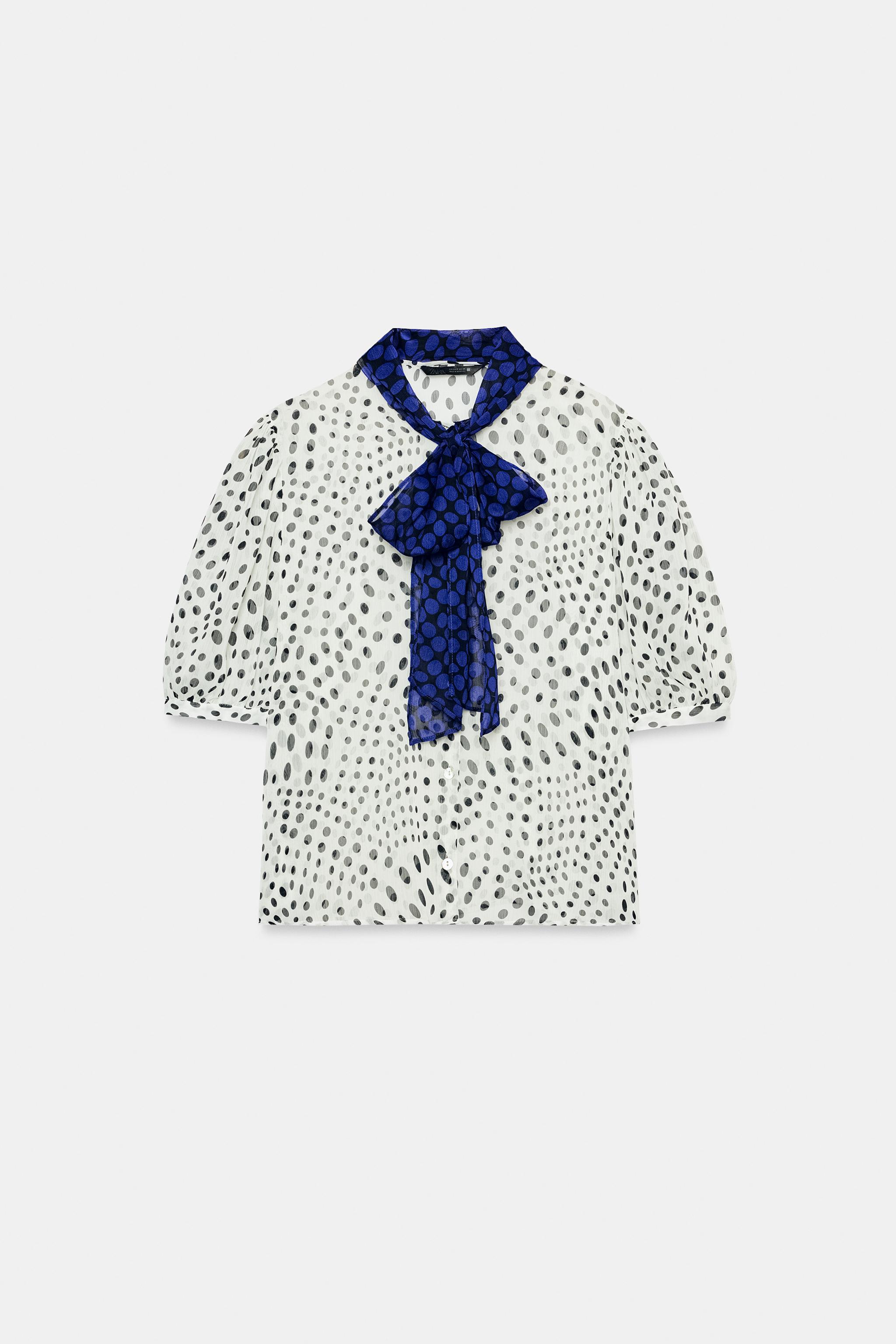 CONTRAST BOW POLKA DOT BLOUSE — Ecru / Black