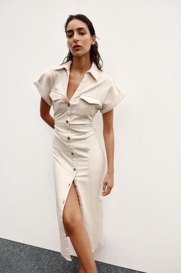 MIDI DRESS WITH GATHERED WAIST - Ecru by Zara - Image 1