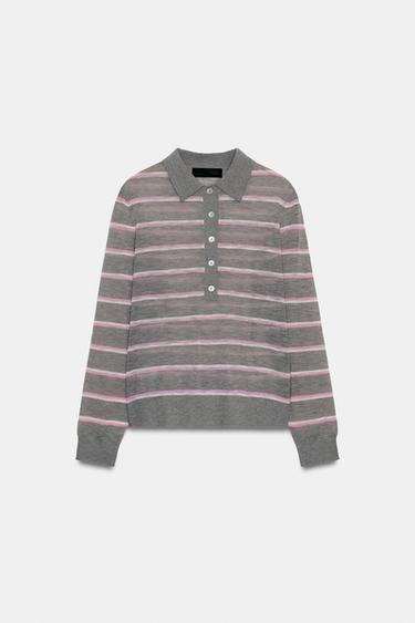 FINE-KNIT WOOL BLEND STRIPED POLO SHIRT - Grey by Zara - Image 4