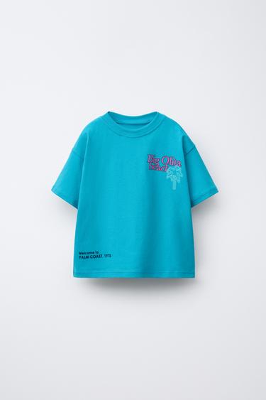 تيشرت بطبعة نصية - أزرق فاقع الخاص بـ Zara