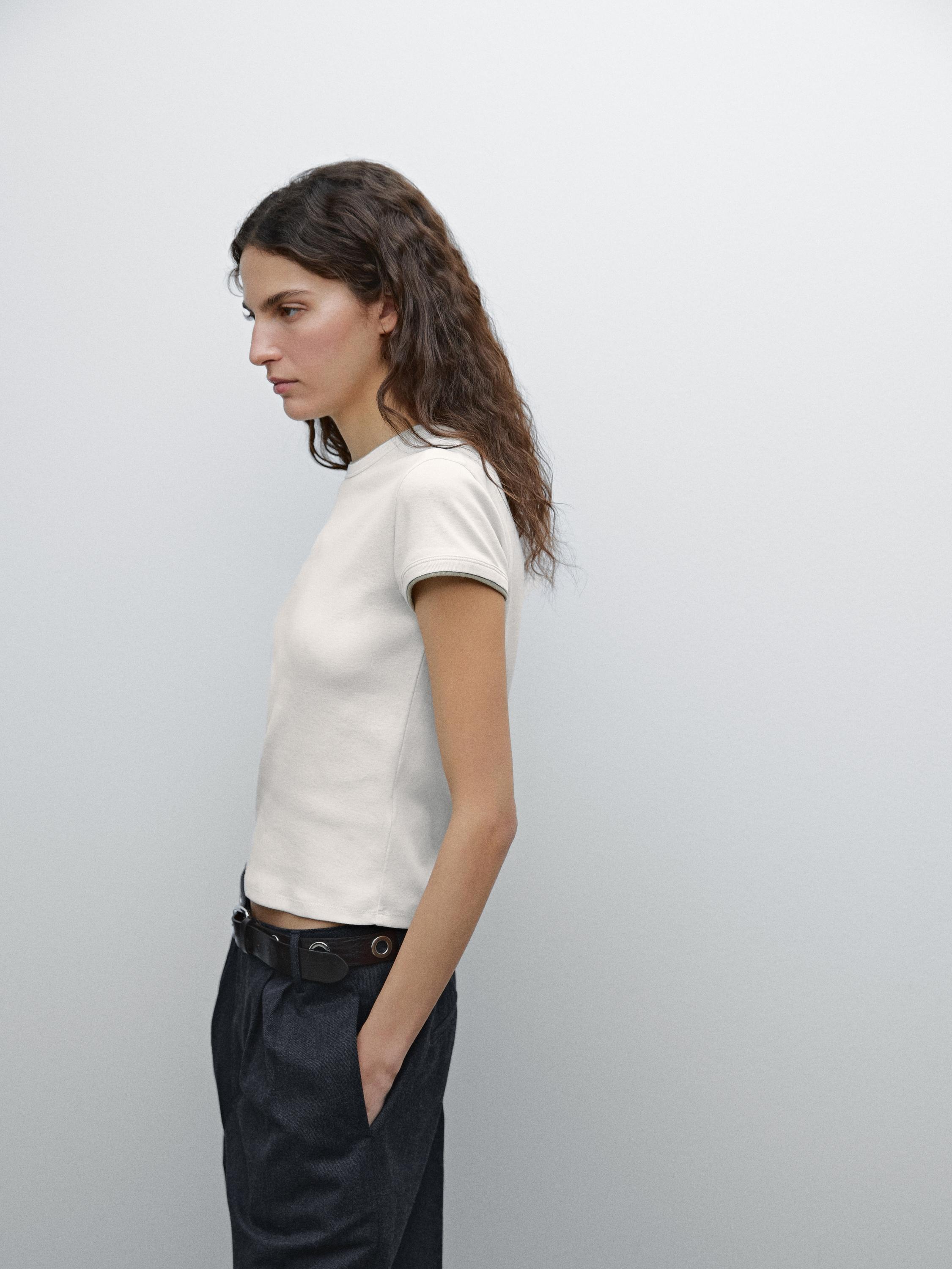 100% cotton contrast ribbed T-shirt - Oyster-white | ZARA