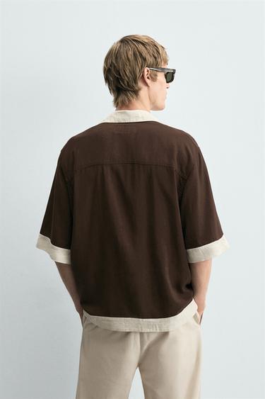 VISCOSE/LINEN COLOUR BLOCK SHIRT - Brown by Zara - Image 2