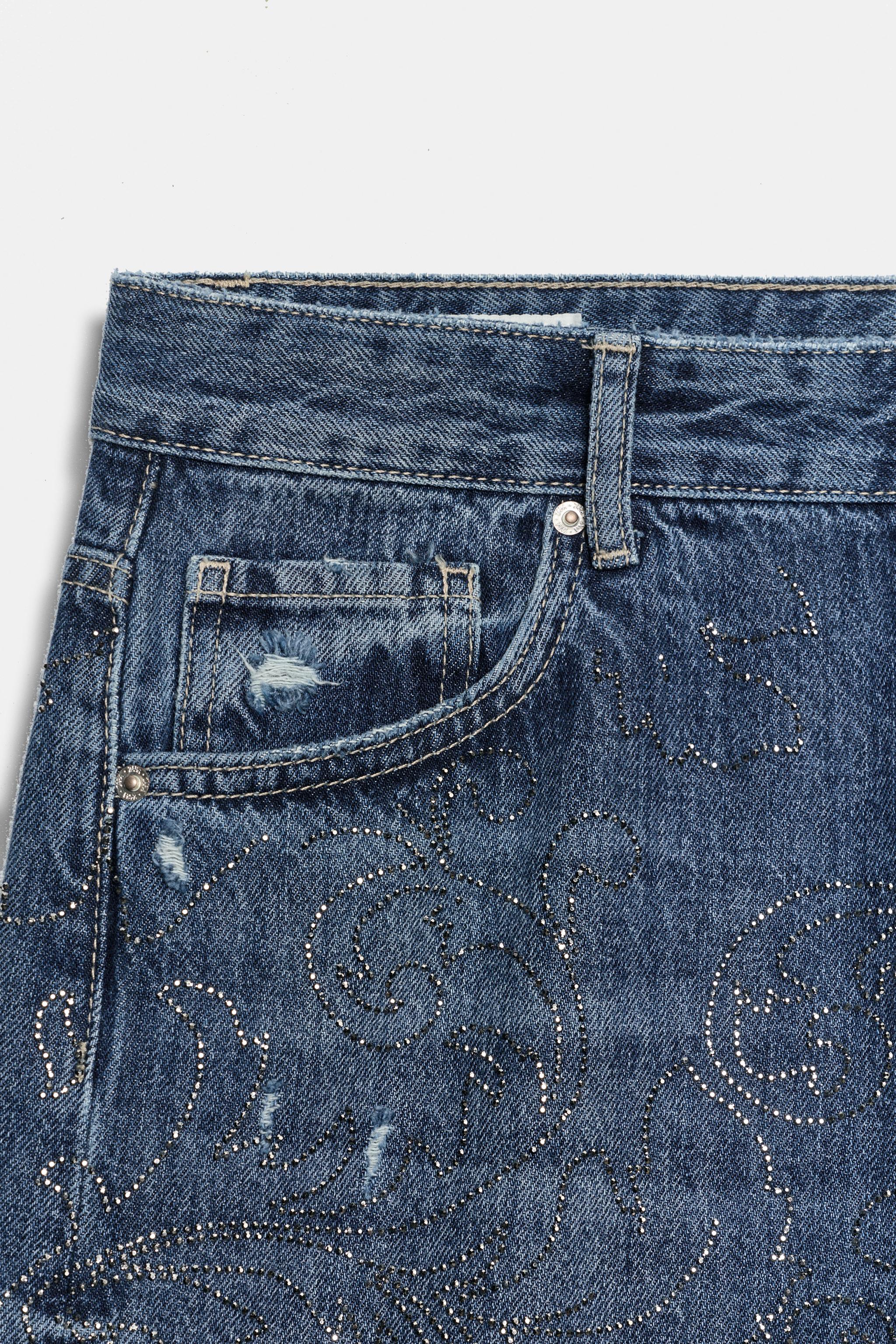 MID-RISE BAGGY RHINESTONE JEANS