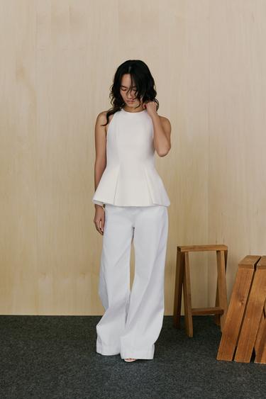 JEANS Z1975 ワイドレッグ ミッドライズ サイドシームホワイトZaraのJEANS Z1975 ワイドレッグ ミッドライズ サイドシーム - ホワイト 