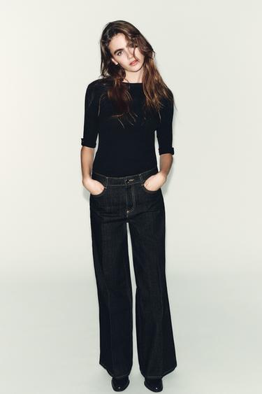 Zara BUTTON RIBBED T-SHIRT - Black