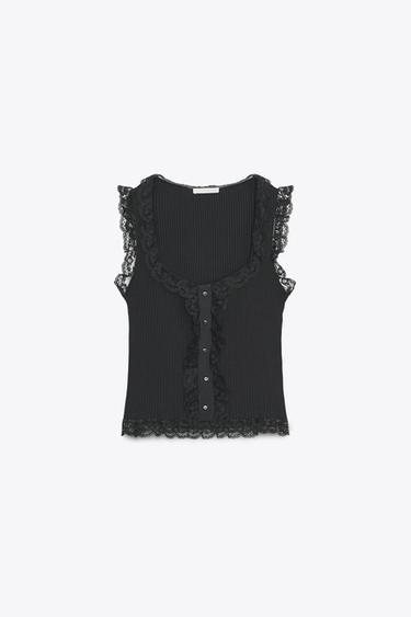 LACE BUTTON TOP - Black by Zara - Image 3