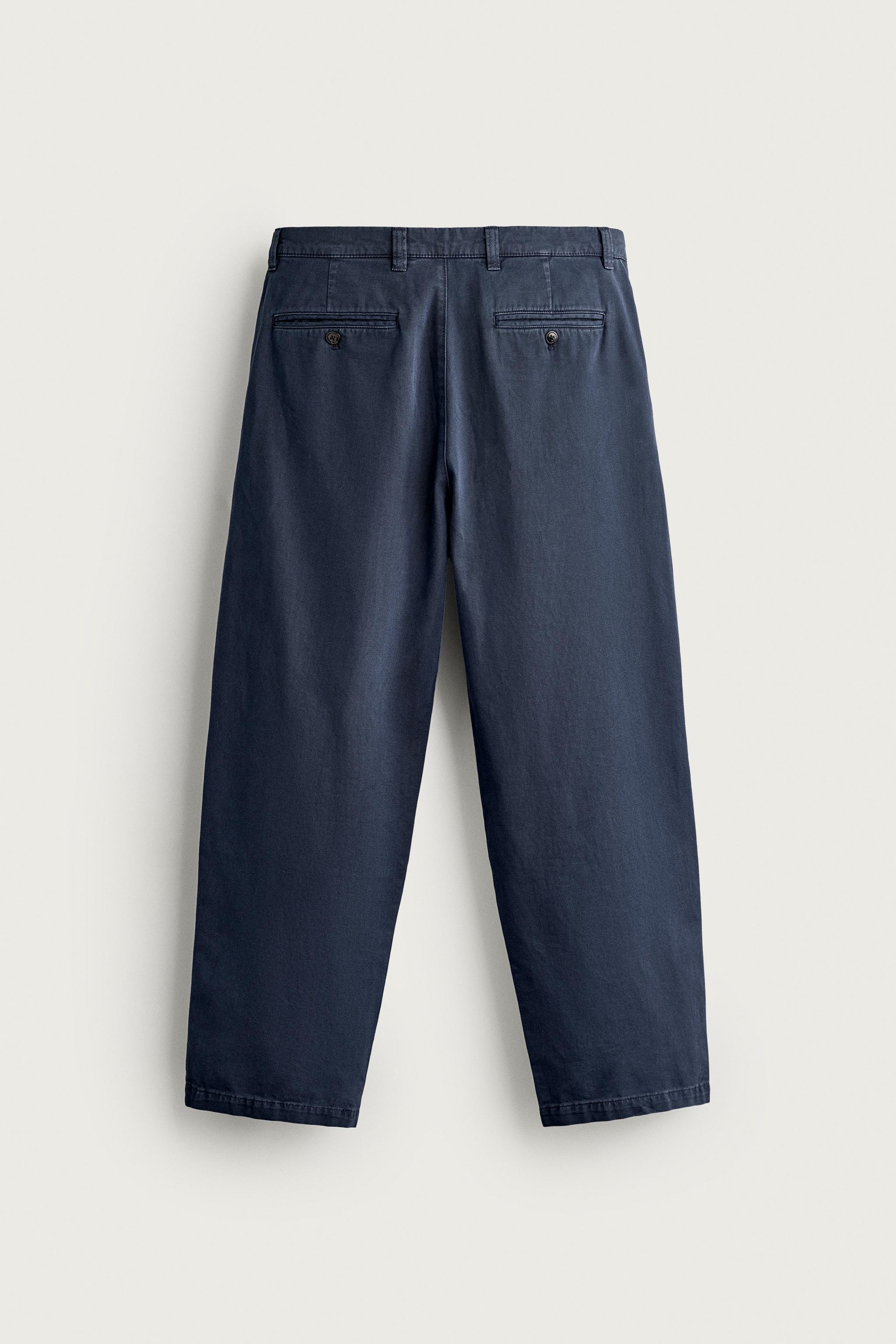 新品 shantii × so tired chino trousers L STRAIGHT-LEG PLEATED CHINO TROUSERS - Navy blue | ZARA Singapore