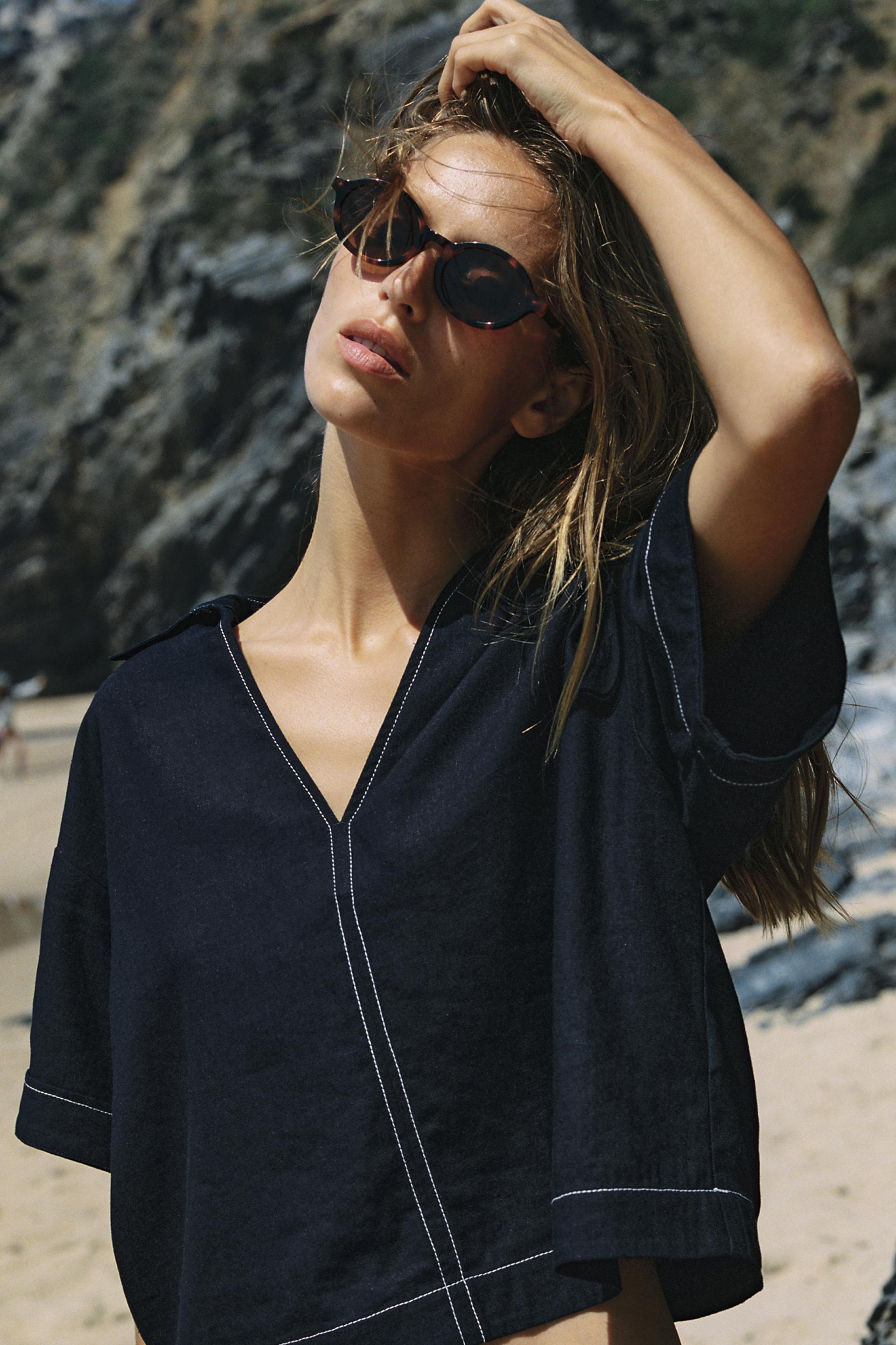LINEN TOP WITH CONTRAST PIPING — Navy blue