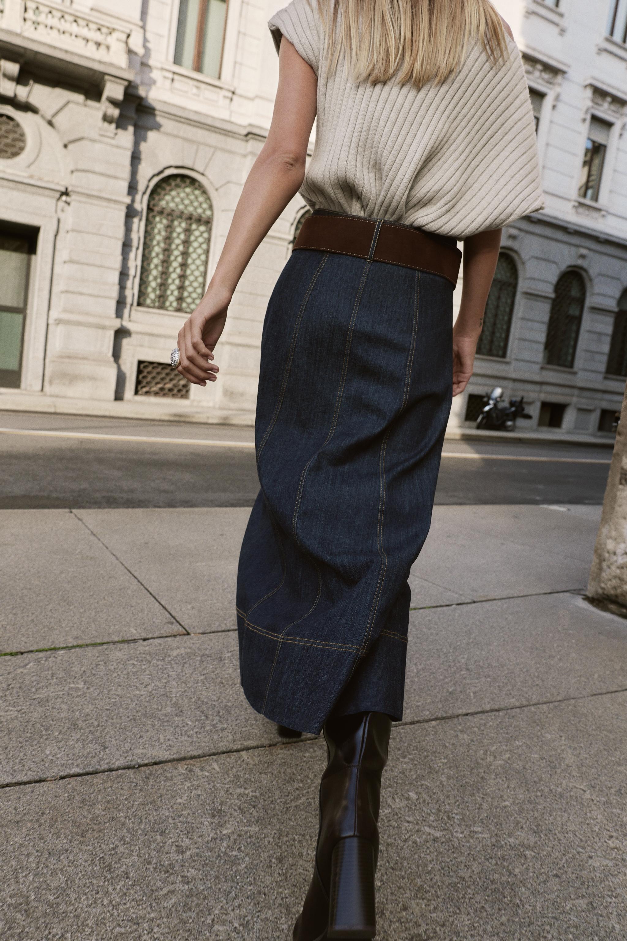 Z1975 ベルト付きミディ丈デニムスカート - ブルー | ZARA Japan / 日本