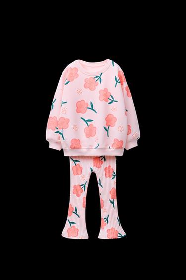 PRINTED FLARE RIB SWEATSHIRT AND LEGGINGS SET - Pink / White by Zara