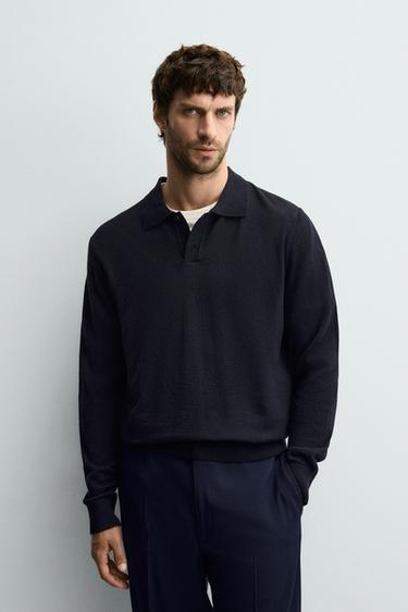 POLO EN MAILLE 100 % LAINE - Bleu marine de Zara