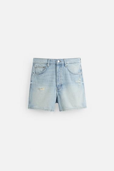 Zara RIPPED DENIM SHORTS - Light blue