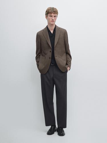 Blazer à carreaux en laine - Marron foncé de Zara