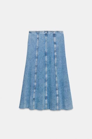 Zara Z1975 SEAMED DENIM MIDI SKIRT - Mid-blue