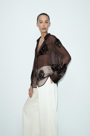 قميص خرزات وترتر - بني الخاص بـ Zara