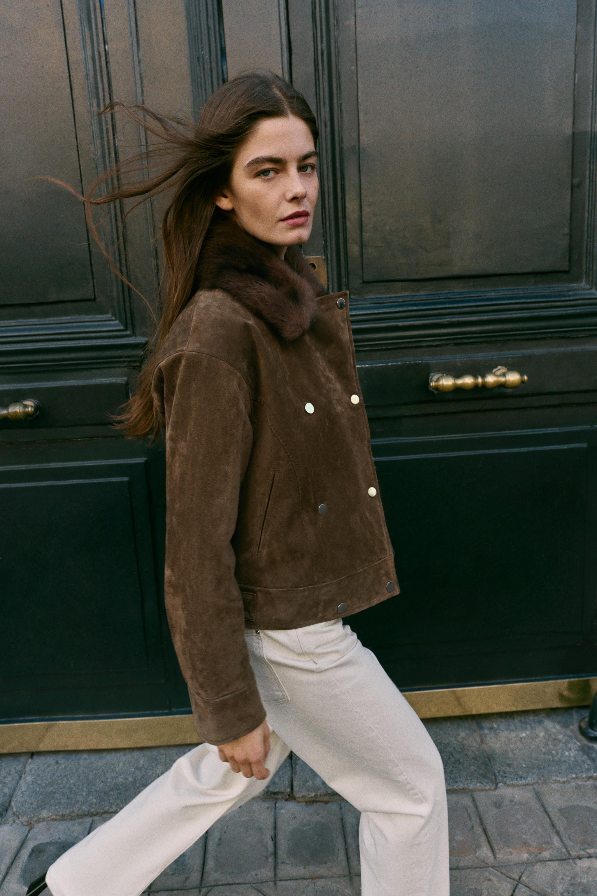 BLOUSON REMBOURRÉ 100% CUIR COL EFFET FOURRURE