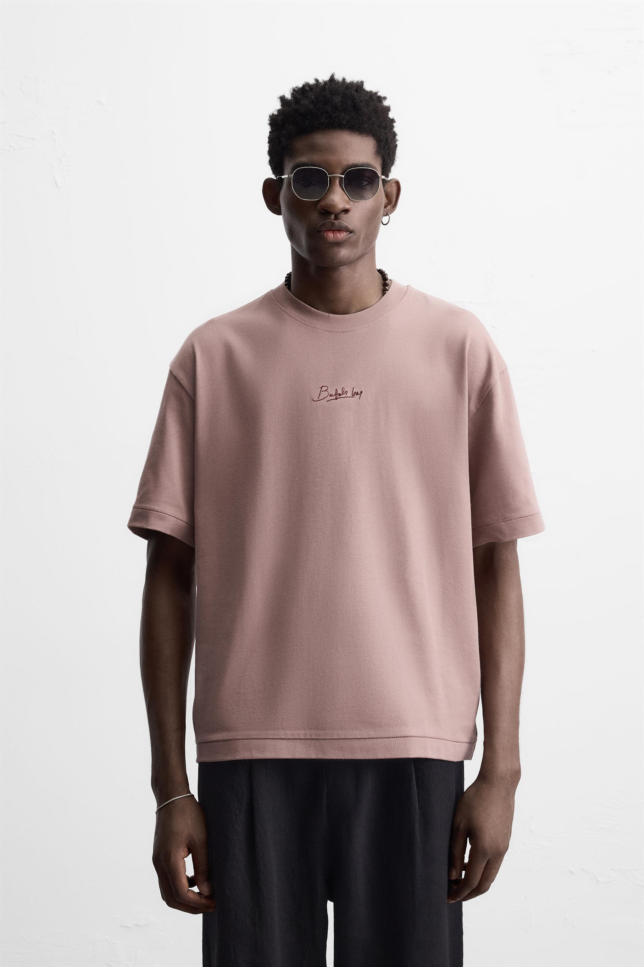コントラスト刺繍入りTシャツ - ペールピンク | ZARA Japan / 日本