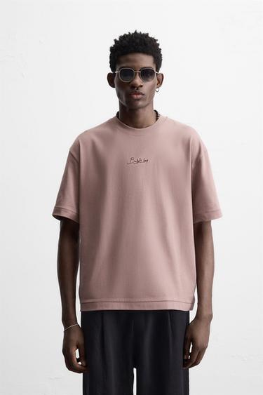 T-SHIRT BRODERIE EN MATIÈRES VARIÉES - Rose pâle de Zara - Image 1