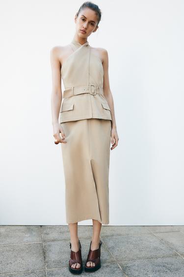 ROBE MI-LONGUE CEINTURE CROISÉE - Marron clair de Zara