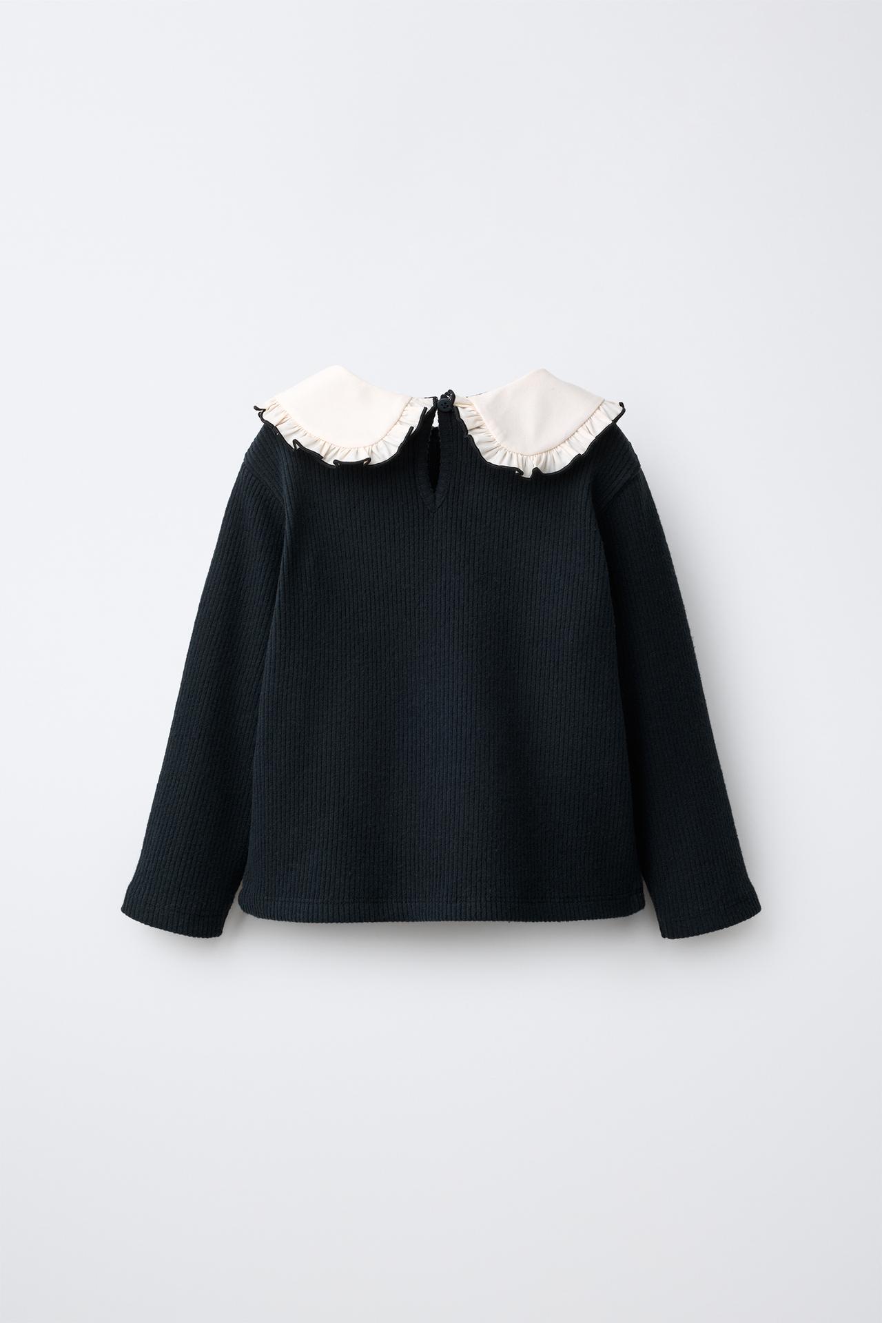 SOFT-TOUCH EMBROIDERED PETER PAN COLLAR T-SHIRT — Anthracite grey