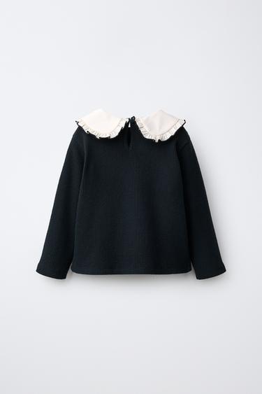 SOFT-TOUCH EMBROIDERED PETER PAN COLLAR T-SHIRT — Anthracite grey 2