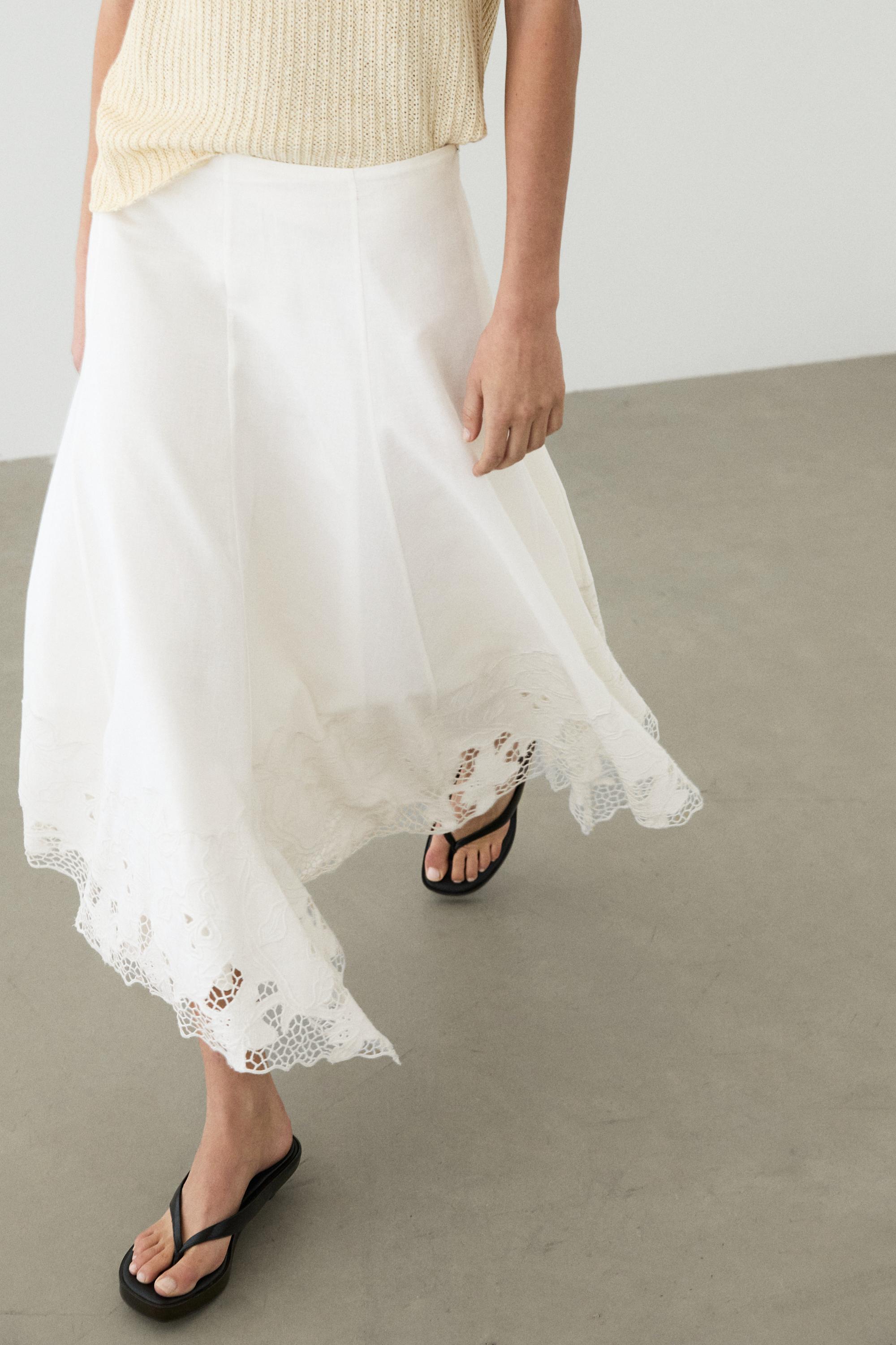 Flared midi skirt with embroidery — White