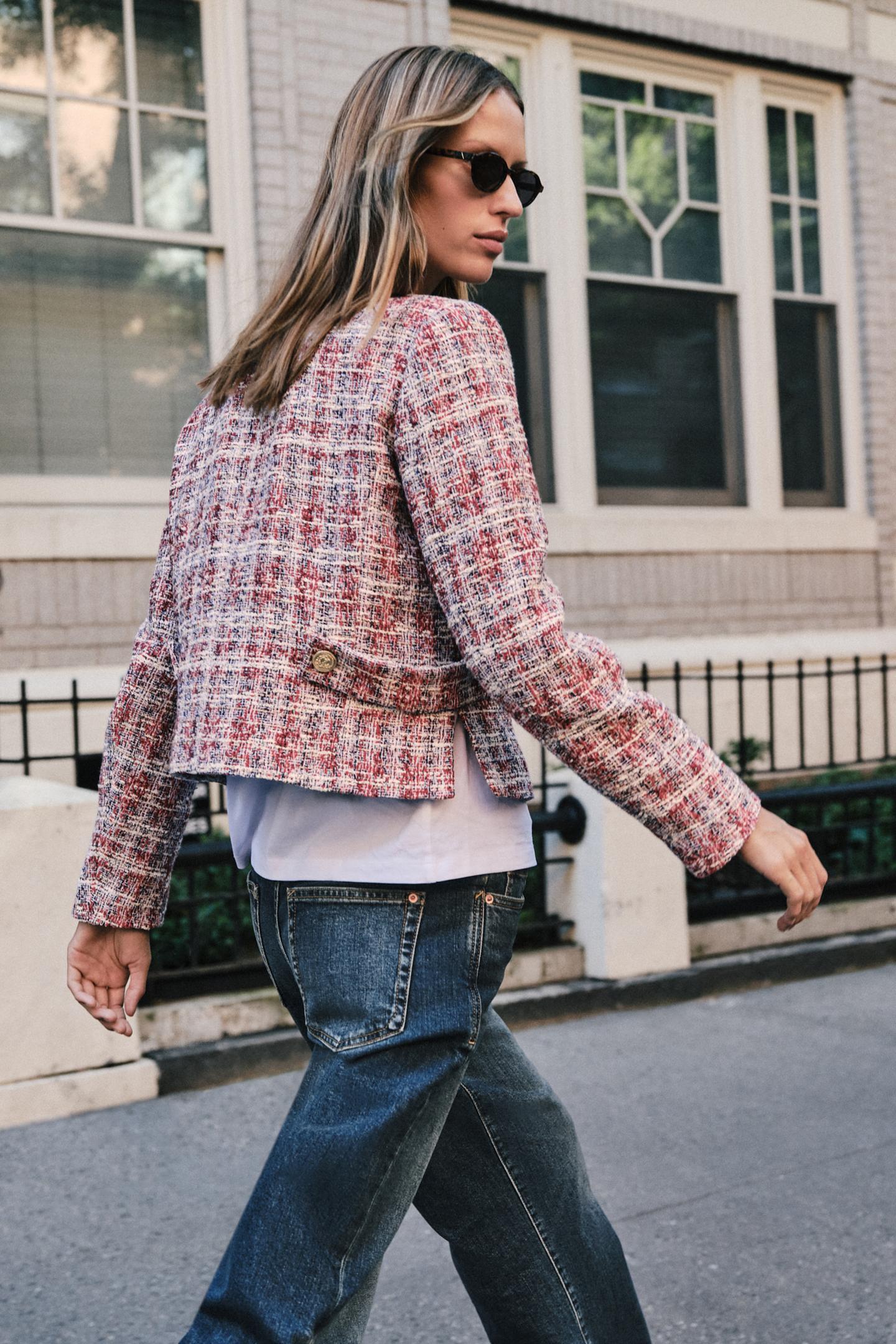 Женский пиджак Zara Structured Cropped Blazer, цвет: Экрю / Красный — фото 5