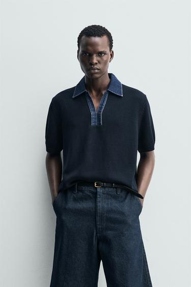 POLO EN MAILLE COL DENIM CONTRASTANT - Bleu marine foncé de Zara