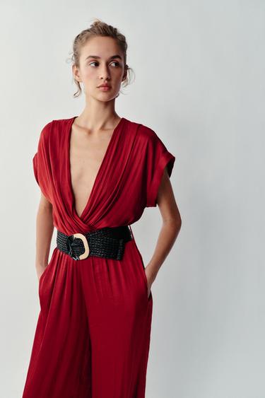 SATIN BELTED JUMPSUIT — Brick 2