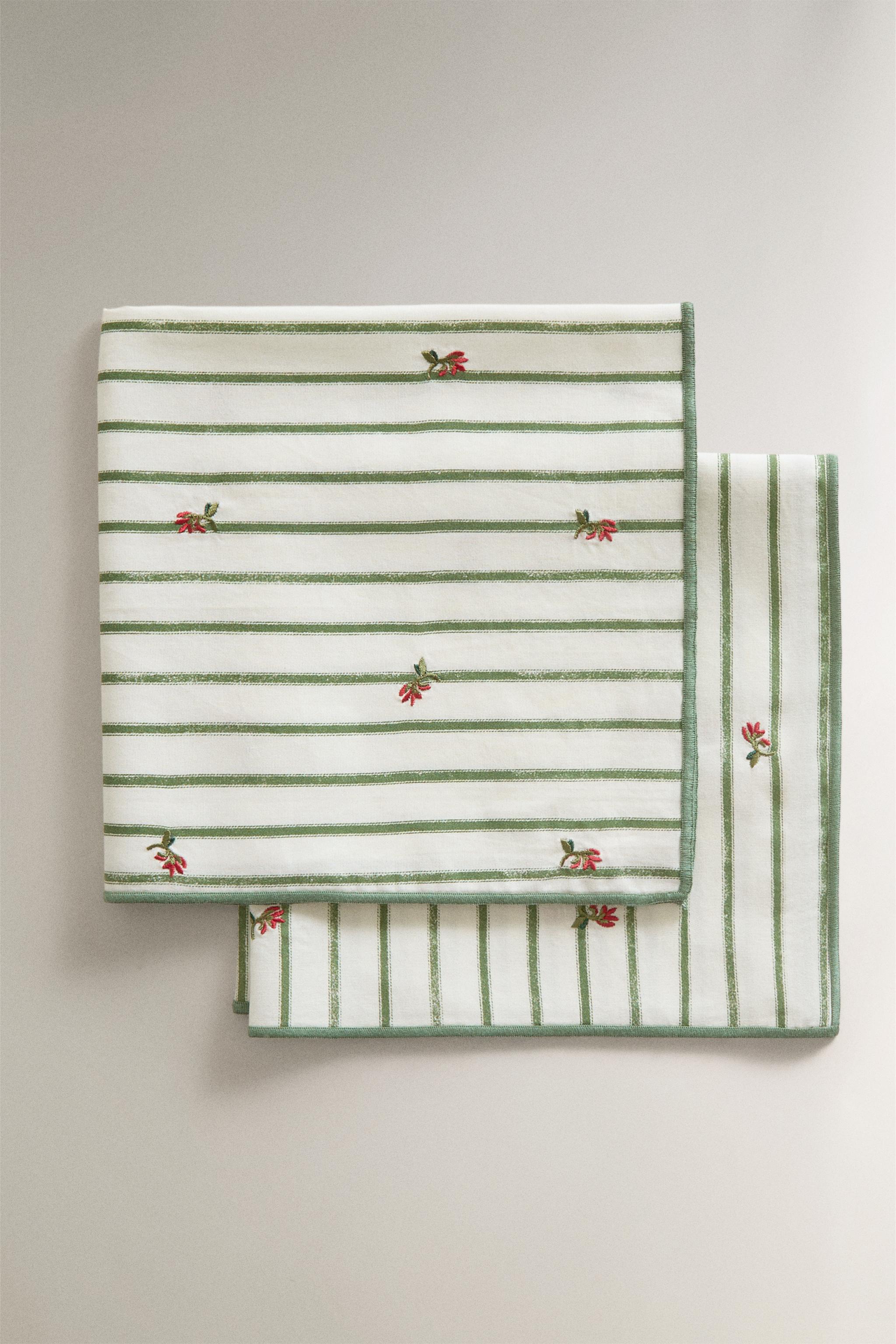 STRIPED EMBROIDERED FLORAL NAPKINS (SET OF 2) - Green | ZARA