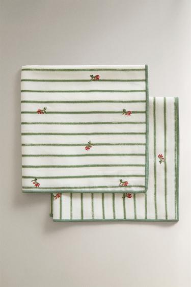 GESTREIFTE SERVIETTEN MIT BLUMENSTICKEREI (2ER-PACK) - Grün von Zara - Bild 0