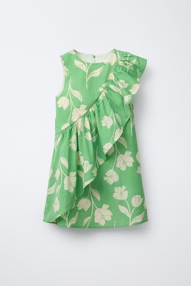 Zara 荷葉邊花卉印花連身裙 - 綠色