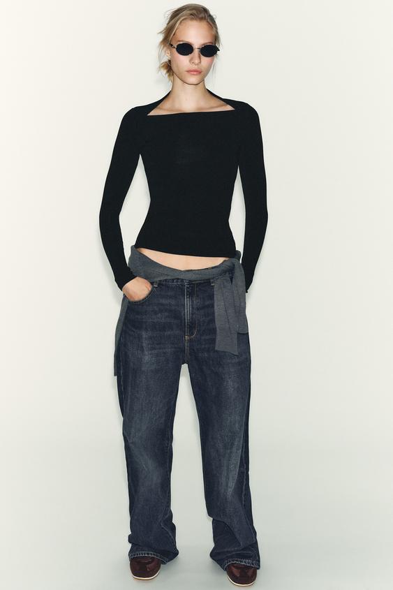 RIBBED SQUARE NECKLINE T-SHIRT - Black by Zara - Image 0