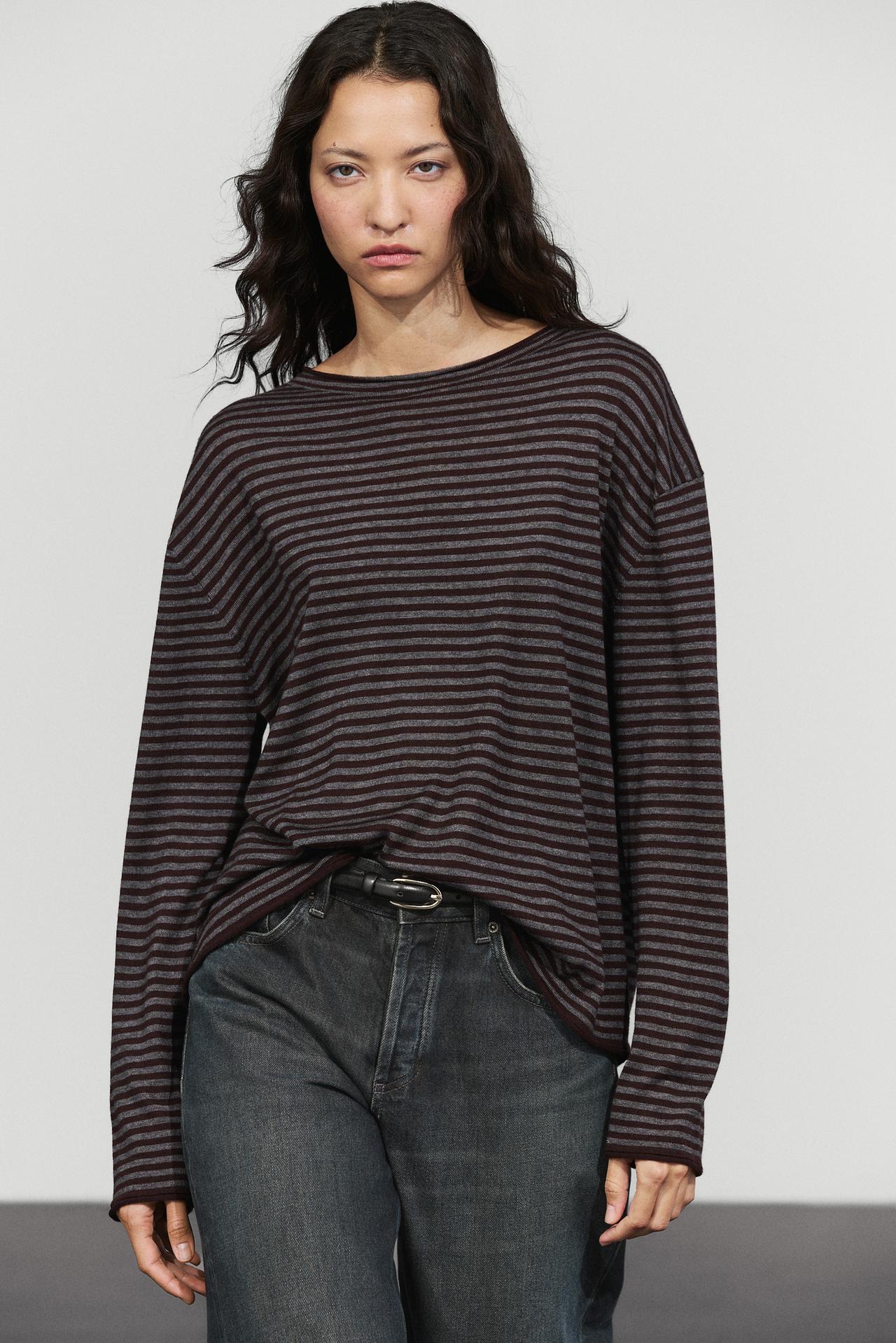 Striped knit sweater with mock turtleneck — Black gold