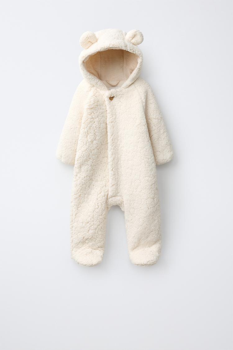 FAUX SHEARLING HOODIE JUMPSUIT WITH EARS — Ecru
