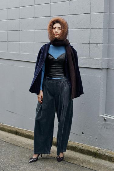 Zara CORDUROY PLEATED PANTS ZW COLLECTION - Petrol blue