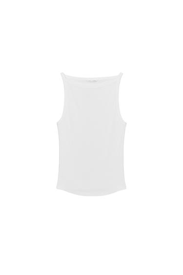 Zara WASHED EFFECT RIB HALTER TOP - White