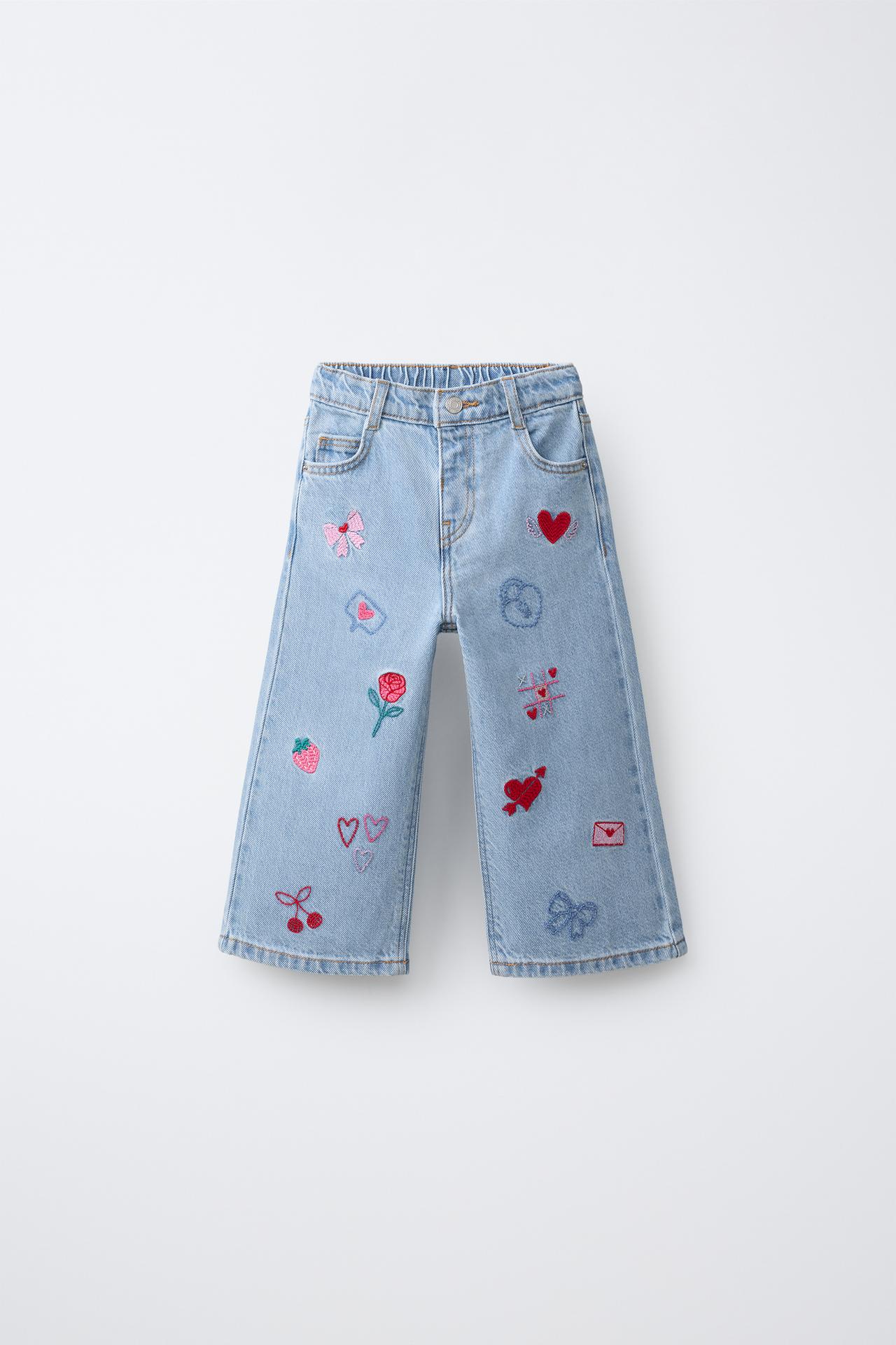 EMBROIDERED WIDE LEG JEANS — Blue
