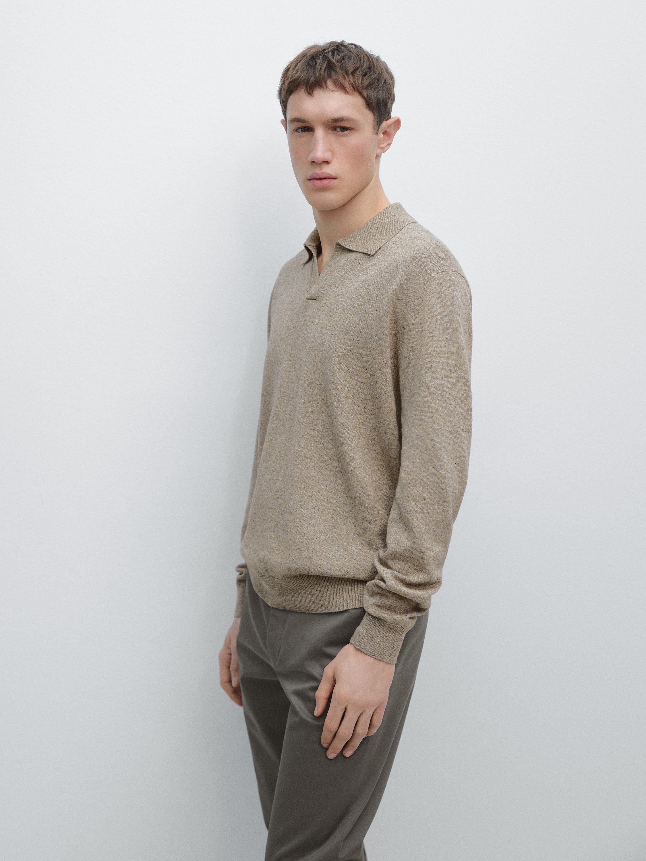 Cotton blend knit polo collar sweater