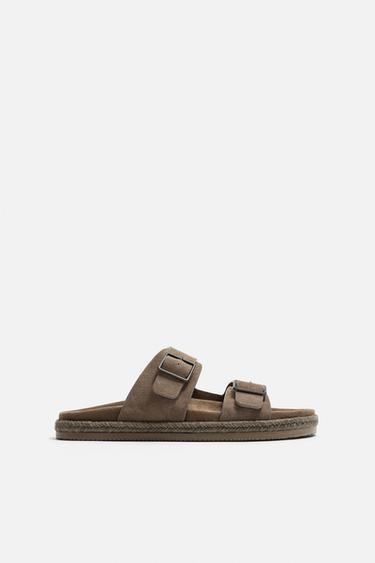 Zara DOUBLE STRAP LEATHER SANDALS - Taupe Gray