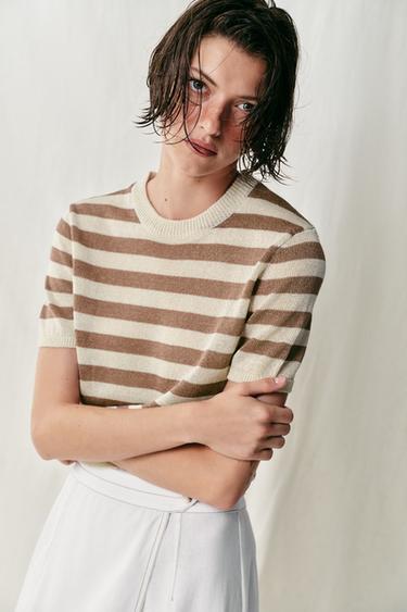 SHORT SLEEVE KNIT TOP - Ecru / Brown by Zara