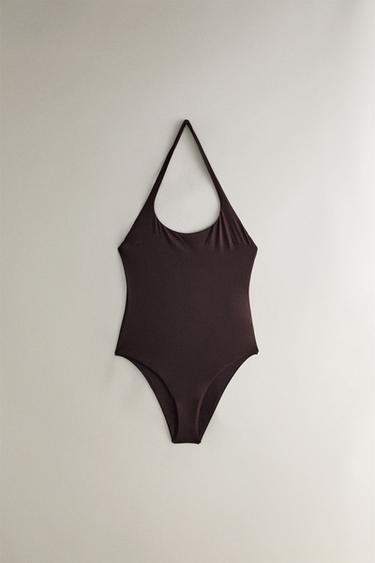 MAIÔ DE PRAIA COM DECOTE HALTER - Marrom-escuro da Zara